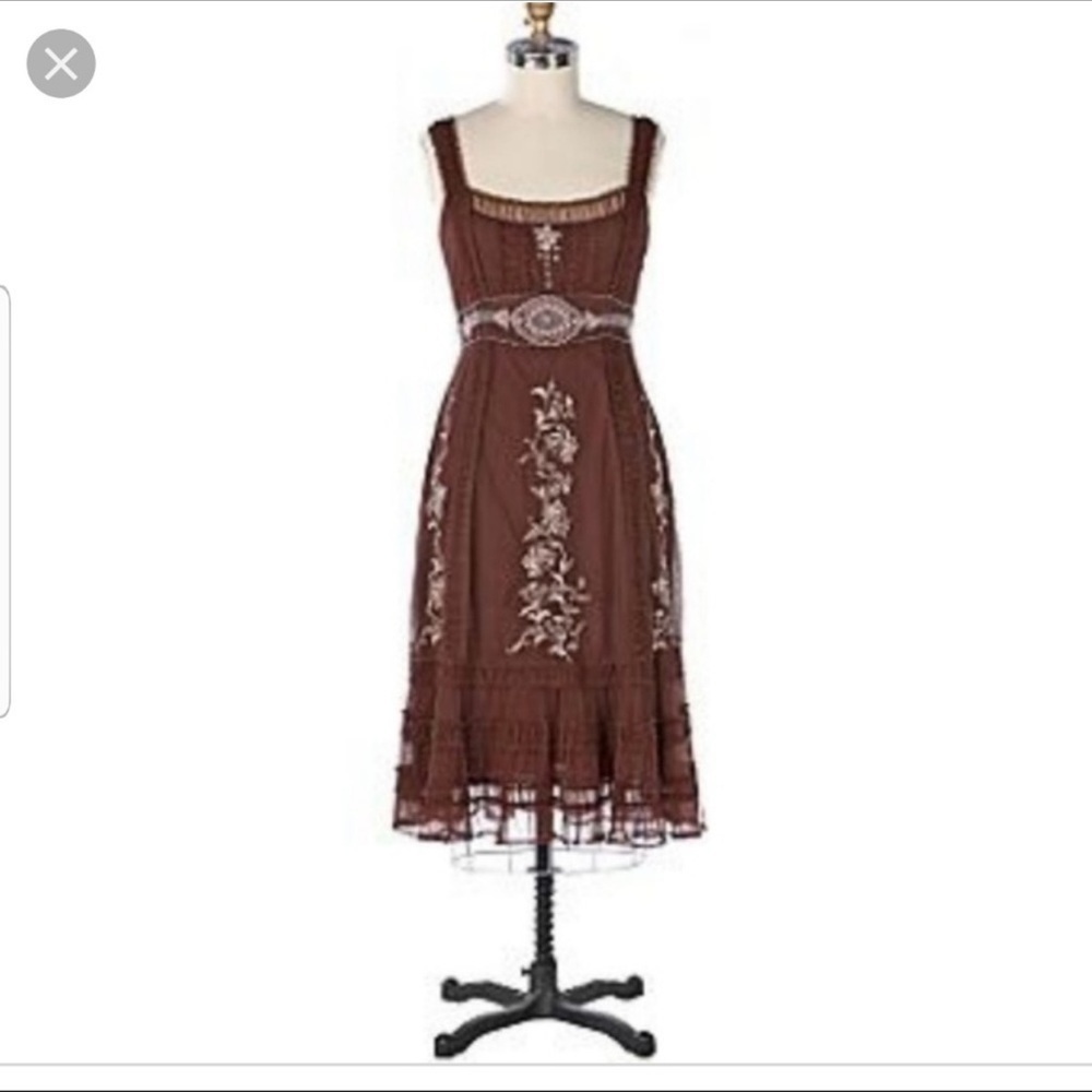 Anthropologie Brown Midi Dress with White Embroidery